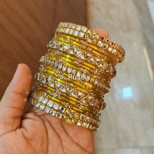 Yellow glass bangles mixed set(1 hand)