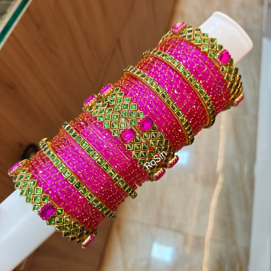 Parrot green and Rani pink glass mixed set