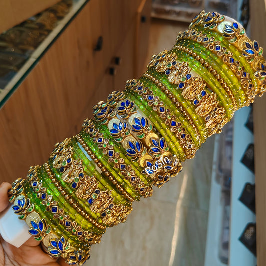 Radhakrishnar darkblue and parrot green glass mixed set