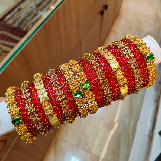 Traditional lakshmi red and green glass mixed set
