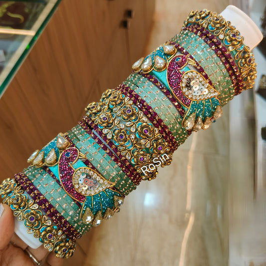 Intricate peacock skyblue and purple glass mixed set