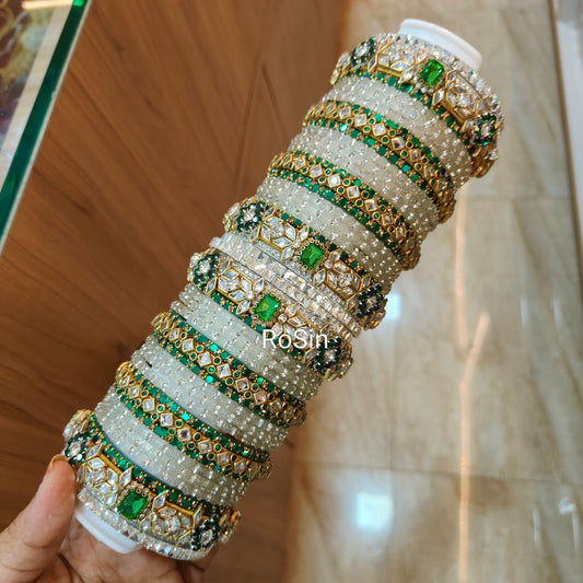 White and emerald bridal bangles