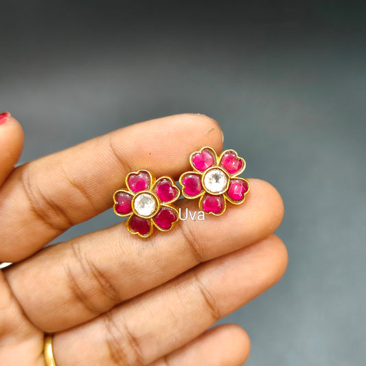 92.5 pure silver gold plated flower jadau kundhan stud 003
