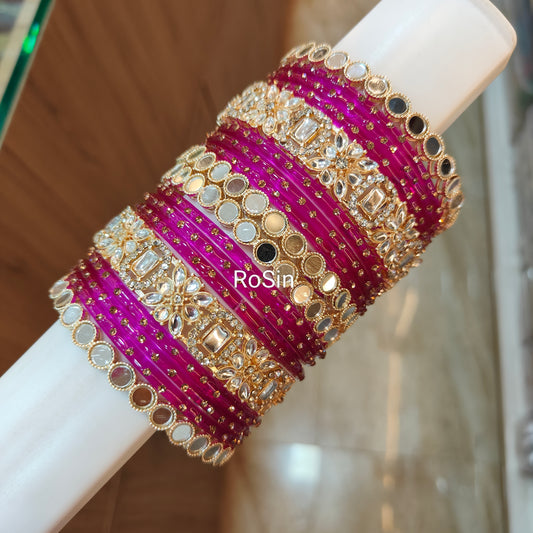 Mirror kundhan mixed set( 18 bangles)
