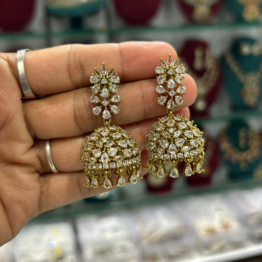 Uncut diamond replica jhumka with stone hanging