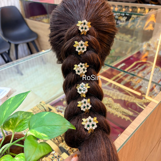Floral diamond stone and golden leaf hair pins (6 piece)