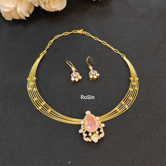 Royal multi layer kanti with pink Victorian pendant with earrings
