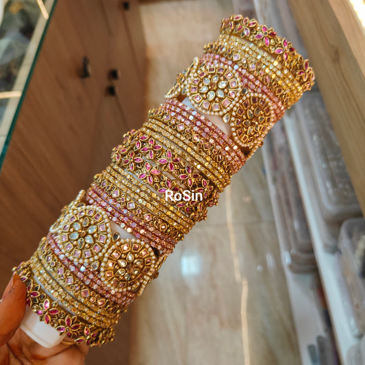 Jadau intricate cream and pink bridal bangles