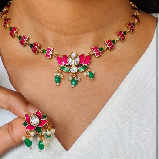 Lotus jadau with green beads with back chain