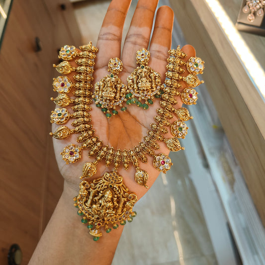 Premium antique lakshmi flower white jadau necklace with earrings and back chain