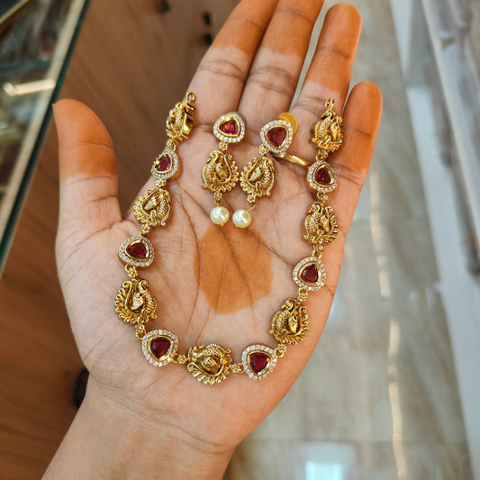 Peacock ruby necklace with earrings and back chain