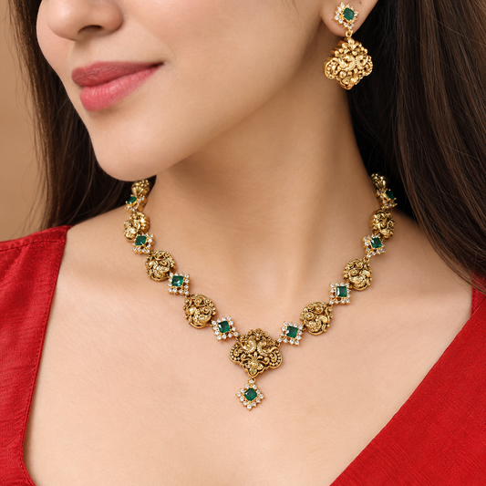 Lakshmi emerald stone antique set with back chain