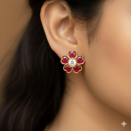 92.5 pure silver gold plated flower jadau kundhan stud 003