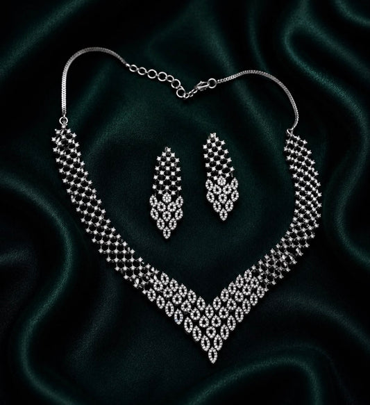 silver finish diamond necklace with earrings and back chain