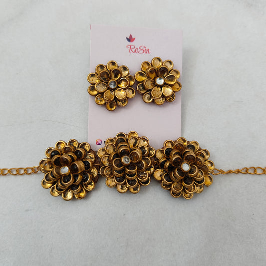 Gold flower necklace and earrings set 3d