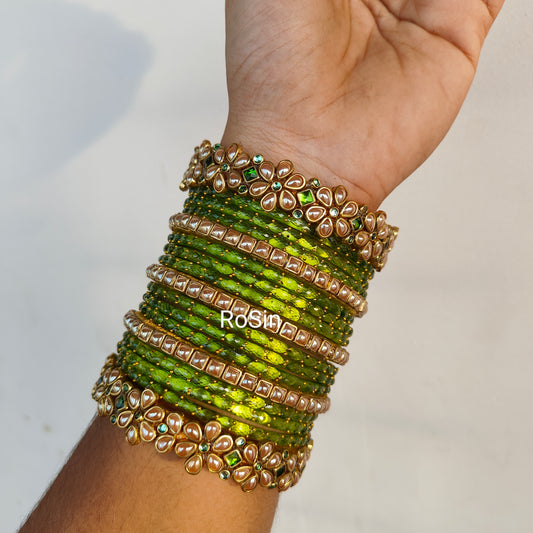 Parrot green glass bangles mixed set(17 bangles)