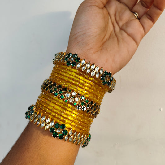 Mango yellow and green glass bangles mixed set (15 bangles)