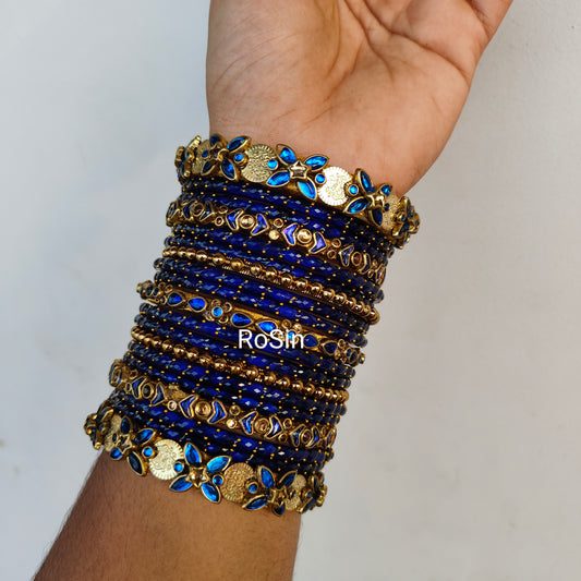 Dark blue bridal set mixed with glass bangles (19 bangles)