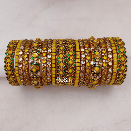 Yellow and darkgreen bridal set (18 bangles)