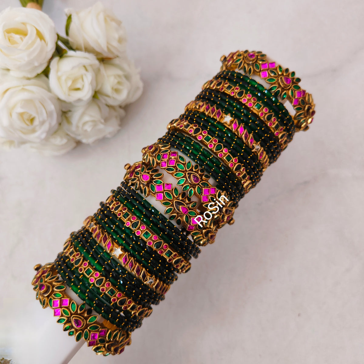 Bright Rani Pink Darkgreen and Rani pink bridal set(full) – Rosin