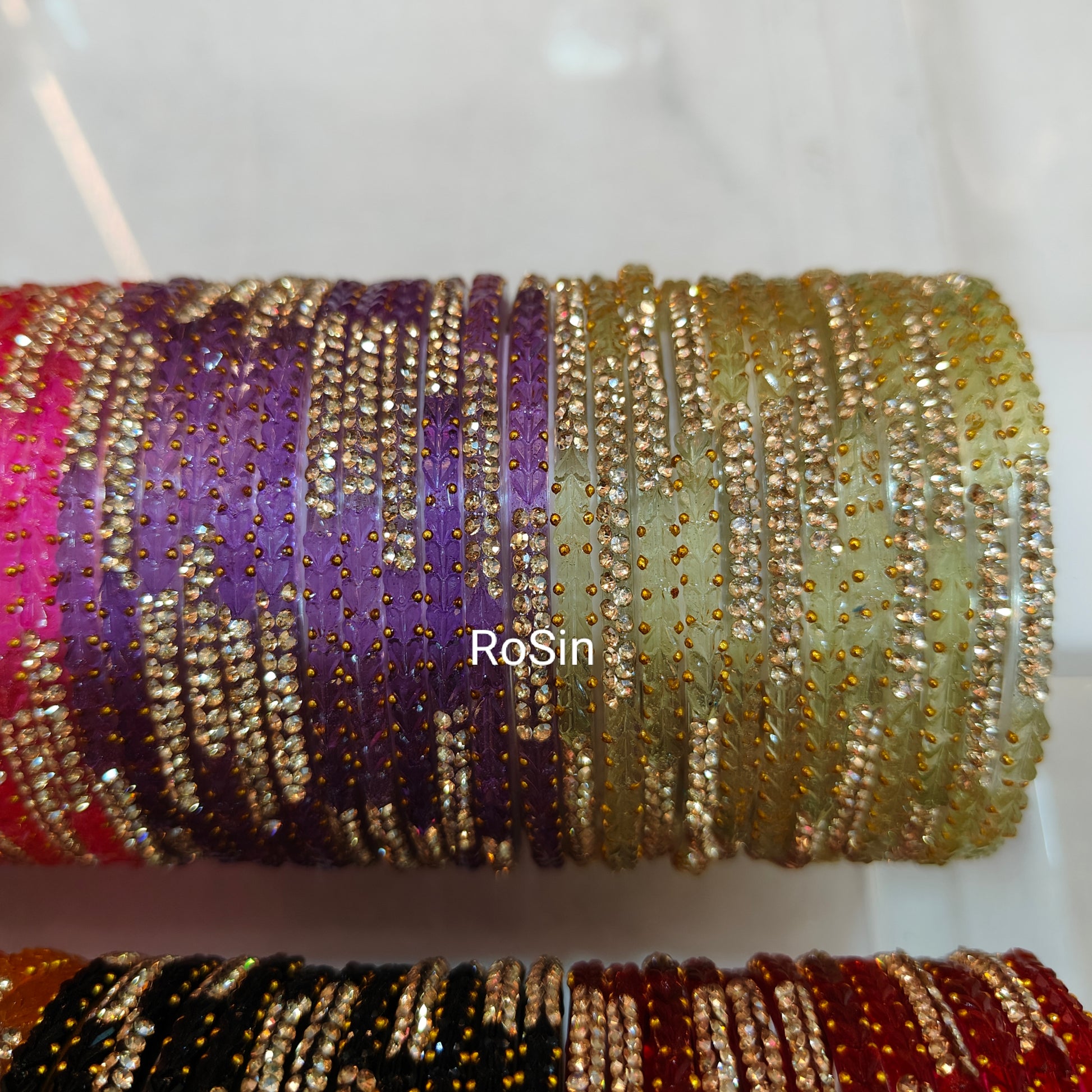 Heart stone crystal glass bangles (1 dozen) - Main Image
