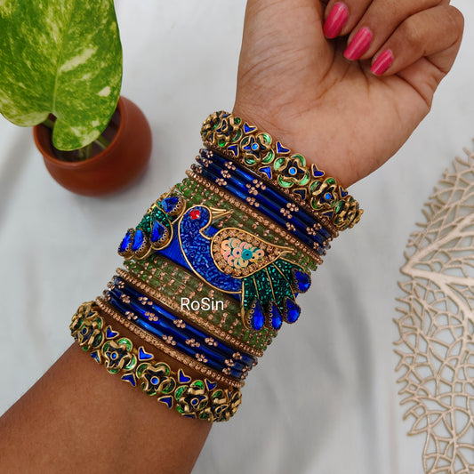 Intricate peacock work bangles set (1 hand as in picture)