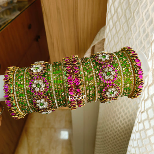 Rani pink and parrot green floral set