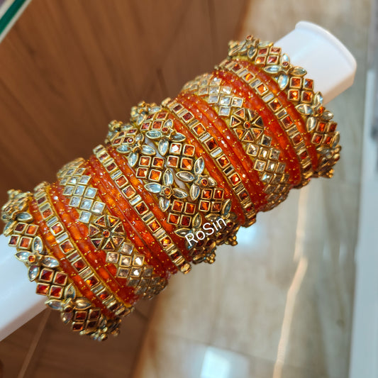 Orange glass bangles mixed set