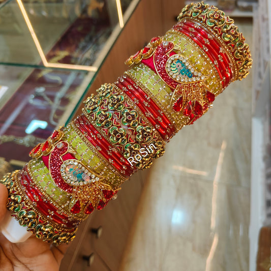 Red and light green peacock set