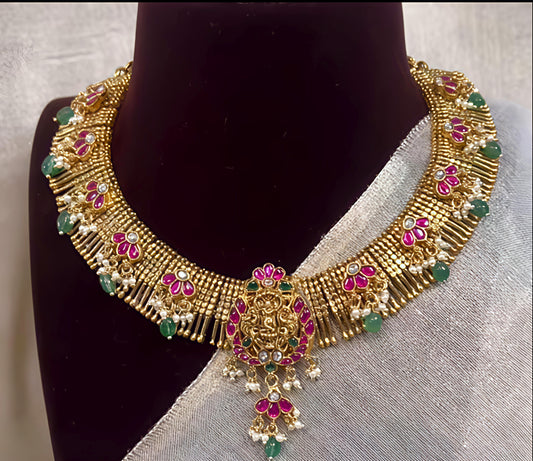 Antique finish jadau statement necklace with earrings