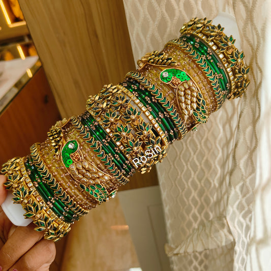 Parrot and lotus darkgreen and gold mixed set