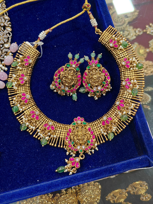 Antique finish jadau statement necklace with earrings