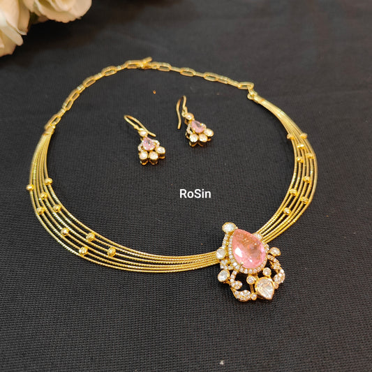 Royal multi layer kanti with pink Victorian pendant with earrings