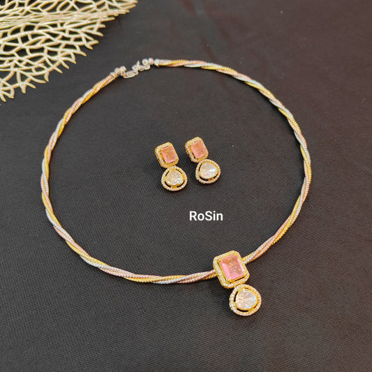 Intricate triple colour spiral kanti with Victorian pink pendant set