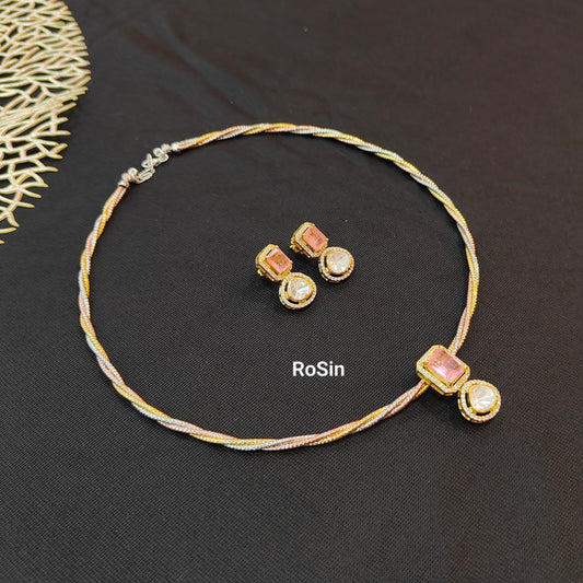Intricate triple colour spiral kanti with Victorian pink pendant set