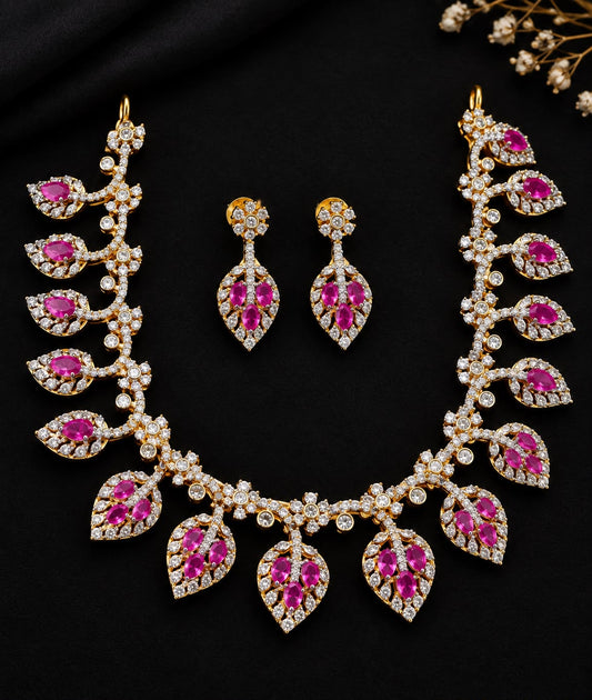 Pink and white stone leaf design necklace diamond look with backchain