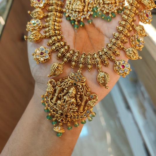 Premium antique lakshmi flower white jadau necklace with earrings and back chain