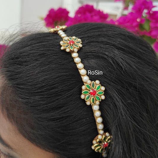 Pearl white and green mathapatti headband