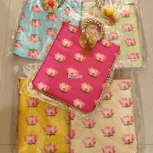 Lotus printed 9 inch potli bags with zip and handle