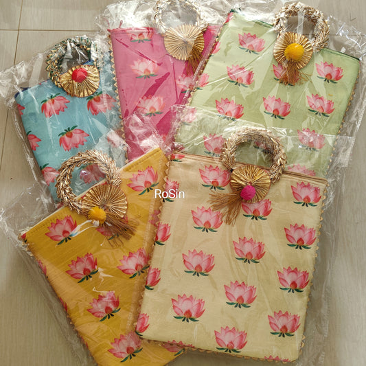 Lotus printed 9 inch potli bags with zip and handle